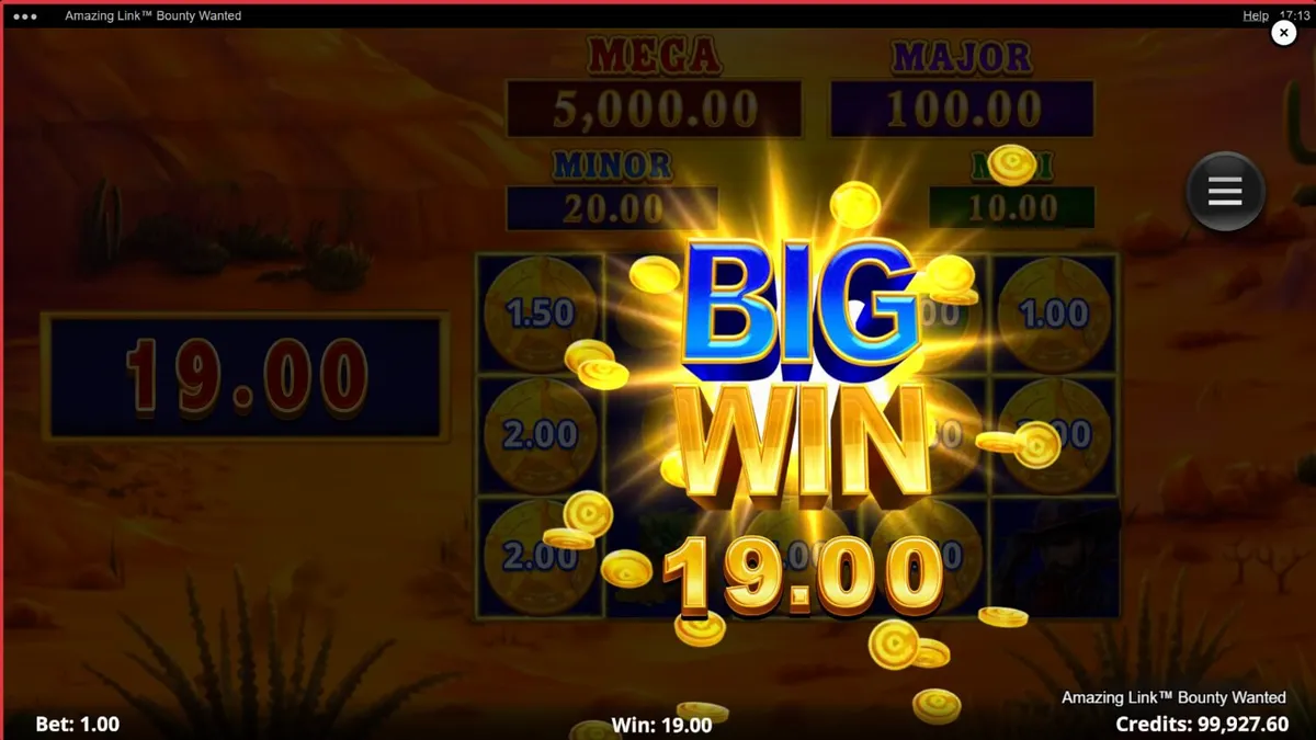 Pemandangan gurun Amerika Barat dengan simbol koboi dan fitur Amazing Link di slot Amazing Link Bounty Wanted