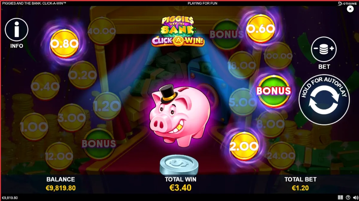 Piggies and the Bank: Click-A-Win slot interface