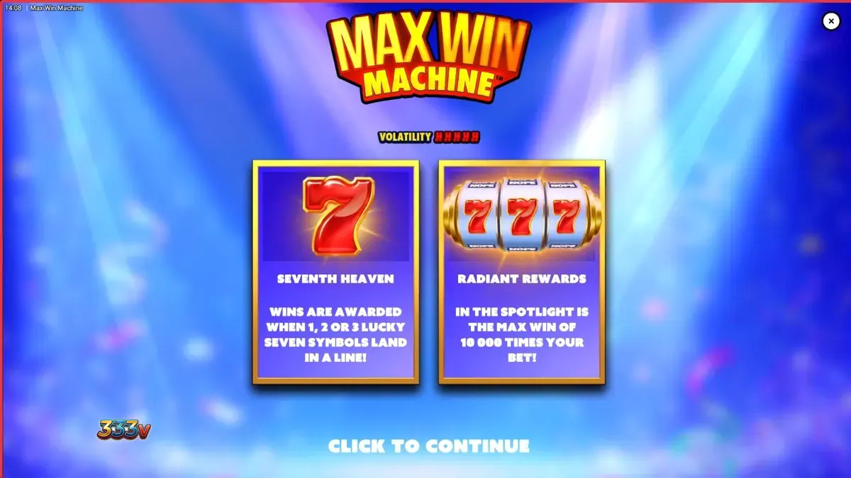 Tampilan antarmuka retro Max Win Machine dengan simbol angka tujuh yang ikonik.