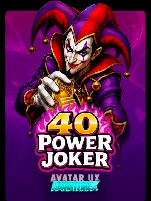 Tampilan visual mesin slot 40 Power Joker dengan simbol buah neon dan latar belakang ungu.