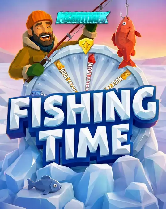 Pemandangan permainan slot Fishing Time dengan latar belakang danau es dan roda keberuntungan